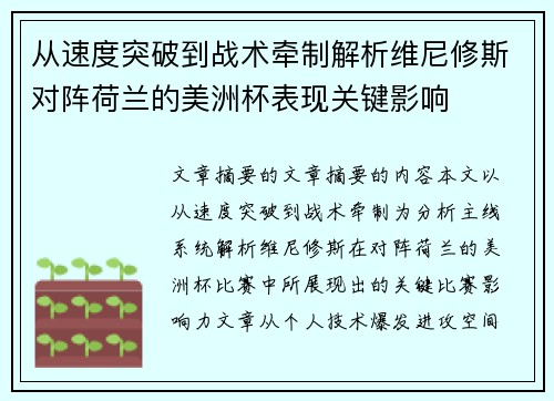 从速度突破到战术牵制解析维尼修斯对阵荷兰的美洲杯表现关键影响