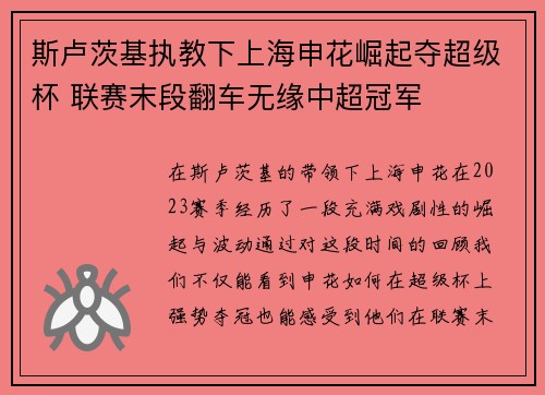 斯卢茨基执教下上海申花崛起夺超级杯 联赛末段翻车无缘中超冠军 斯卢茨基执教下上海申花崛起夺超级杯 联赛末段翻车无缘中超冠军